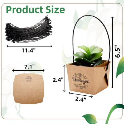 Covzoe 100 Pack Succulent Wraps Bags, Thank You Succulent Gift Box with Handles, Fits 2 Inch Pots, Waterproof Kraft Paper Party Favors for Guests Plants Wedding Decoration