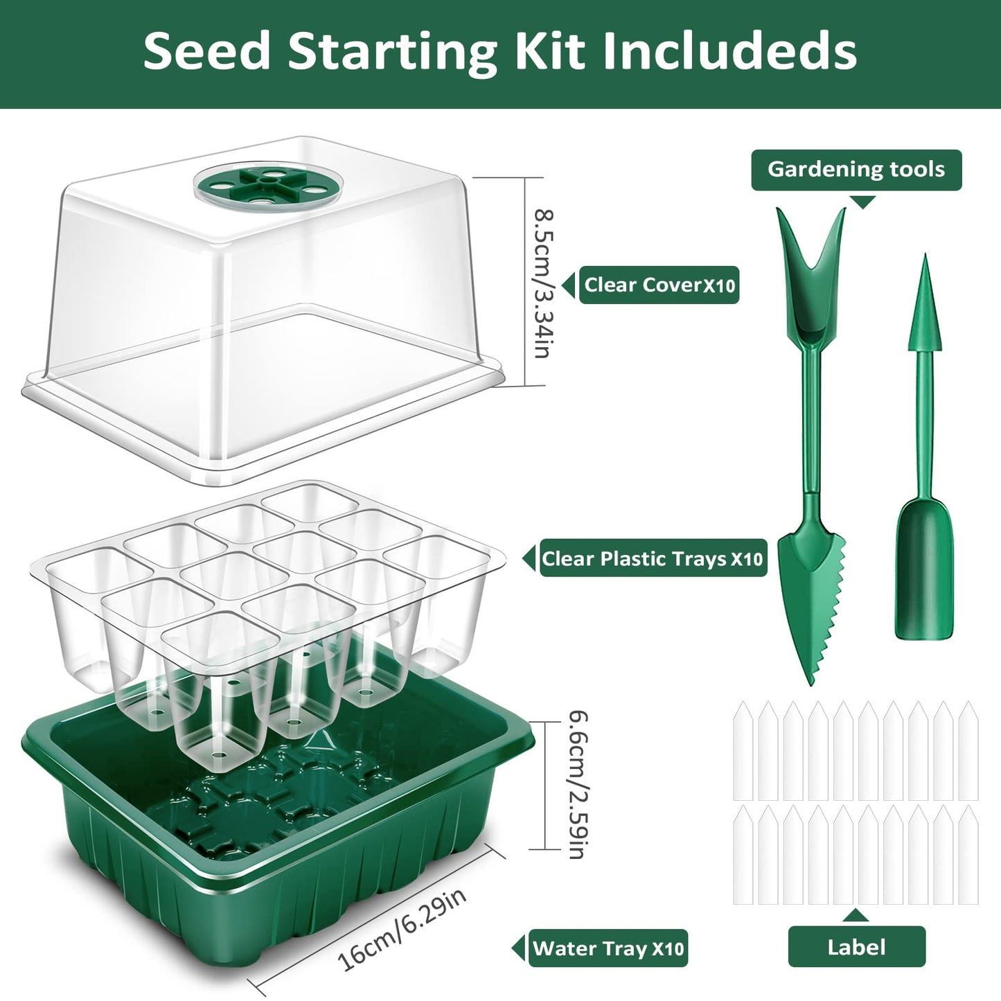 Verdenu Seed Starter Tray, 10 Pack 120 Cells Seed Starter Kit with Adjustable Humidity Dome, Upgrade Height Reusable Seed Starting Trays with Tools, Germination Kit for Seeds Starting