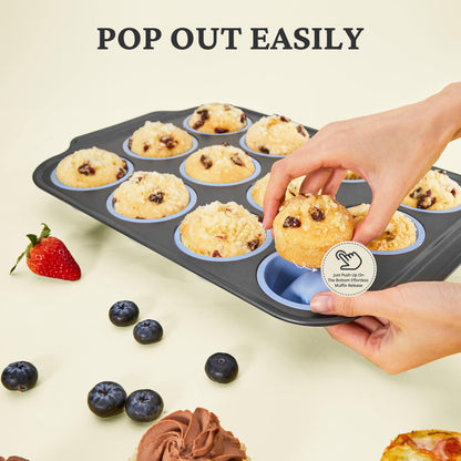BRONYPRO Silicone Muffin Pan with Metal Frame, Egg Bite Maker Silicone Molds for Baking, Cupcake Pans 12 Regular Size, Muffin Tins Easy to Pop Nonstick Non Toxic Bakeware for Oven,Blue