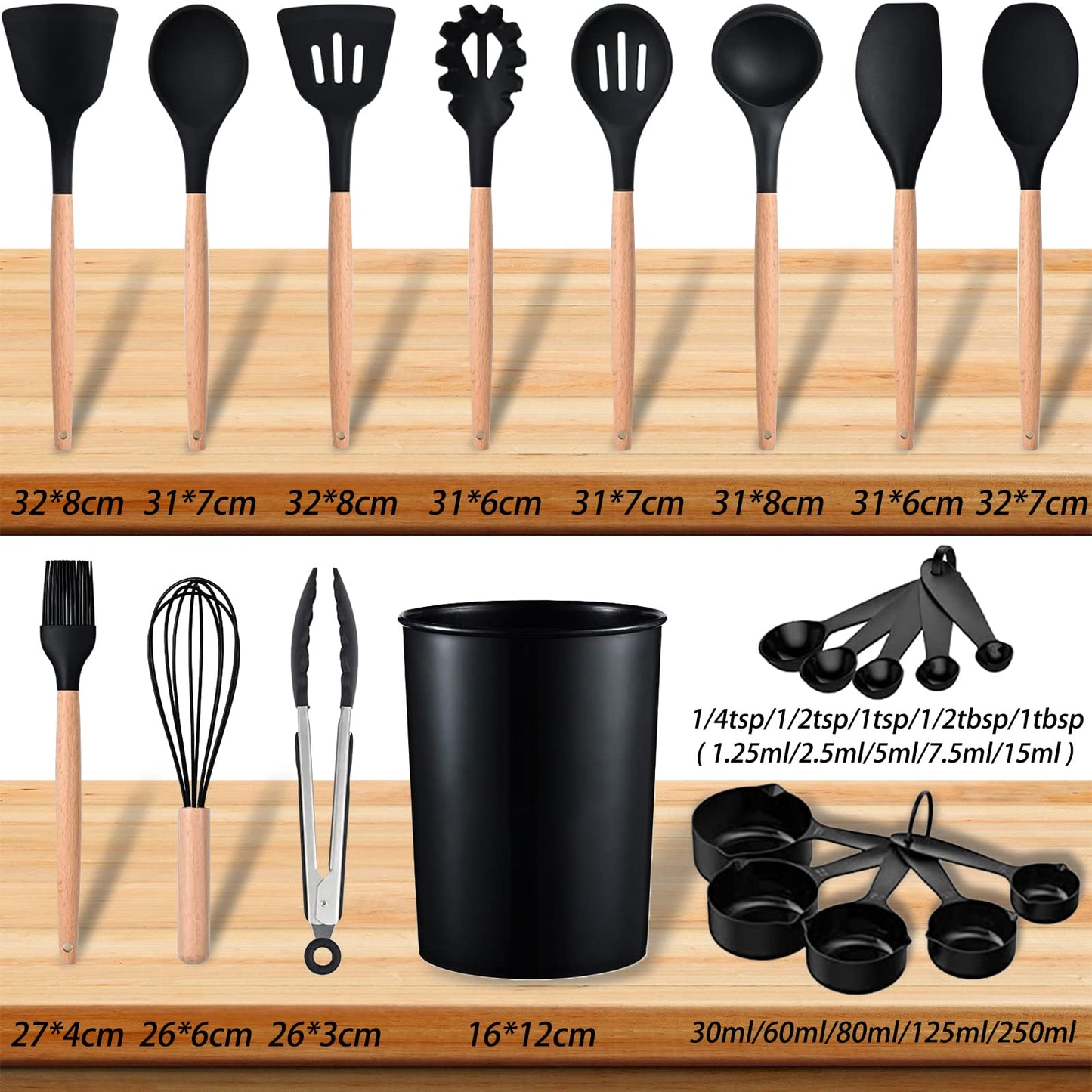 Cooking Utensils Set, 22 Pcs Heat Resistant Silicone Kitchen Utensils Spatula Set with Holder, Kitchen Gadgets Utensil Set for Nonstick Cookware (Black)