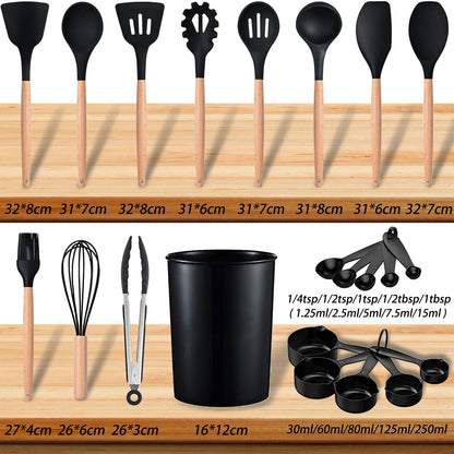 Cooking Utensils Set, 22 Pcs Heat Resistant Silicone Kitchen Utensils Spatula Set with Holder, Kitchen Gadgets Utensil Set for Nonstick Cookware (Black)