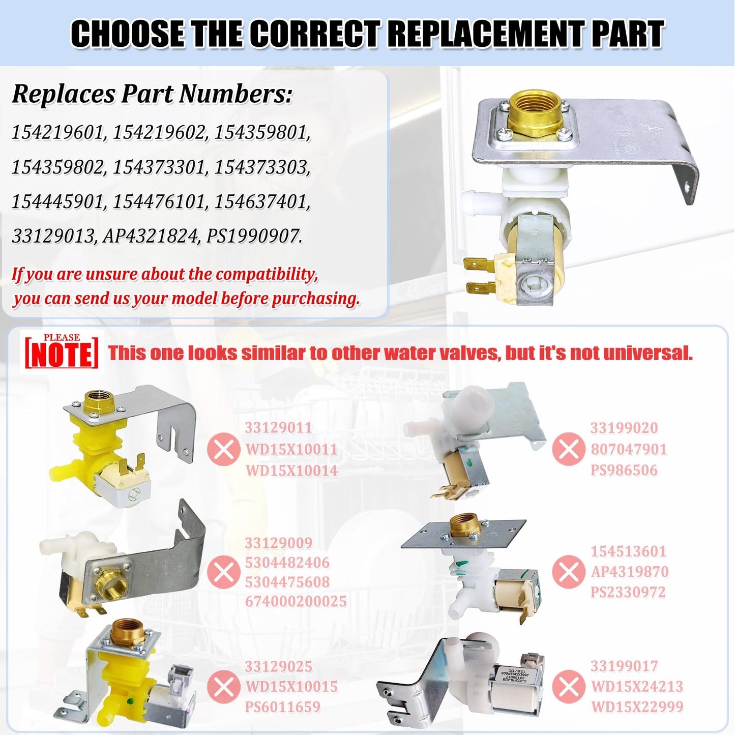 154637401 Dishwasher Water Inlet Valve - Dishwasher Water Valve Assembly Replacement Parts 154219601 154359801 154373301 AH1990907 AP4321824 PS1990907