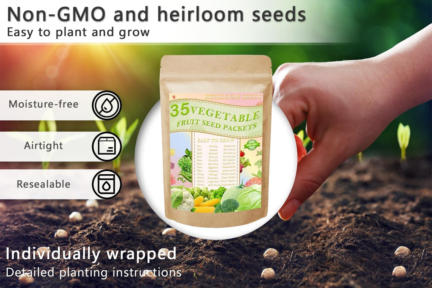 Vegetable Seeds Pack & Fruit Seeds 35 Varieties Individually Packed with Vegetables 10 Free Plant Markers Vegetable Seeds for Planting Indoor and Outdoors Gardening