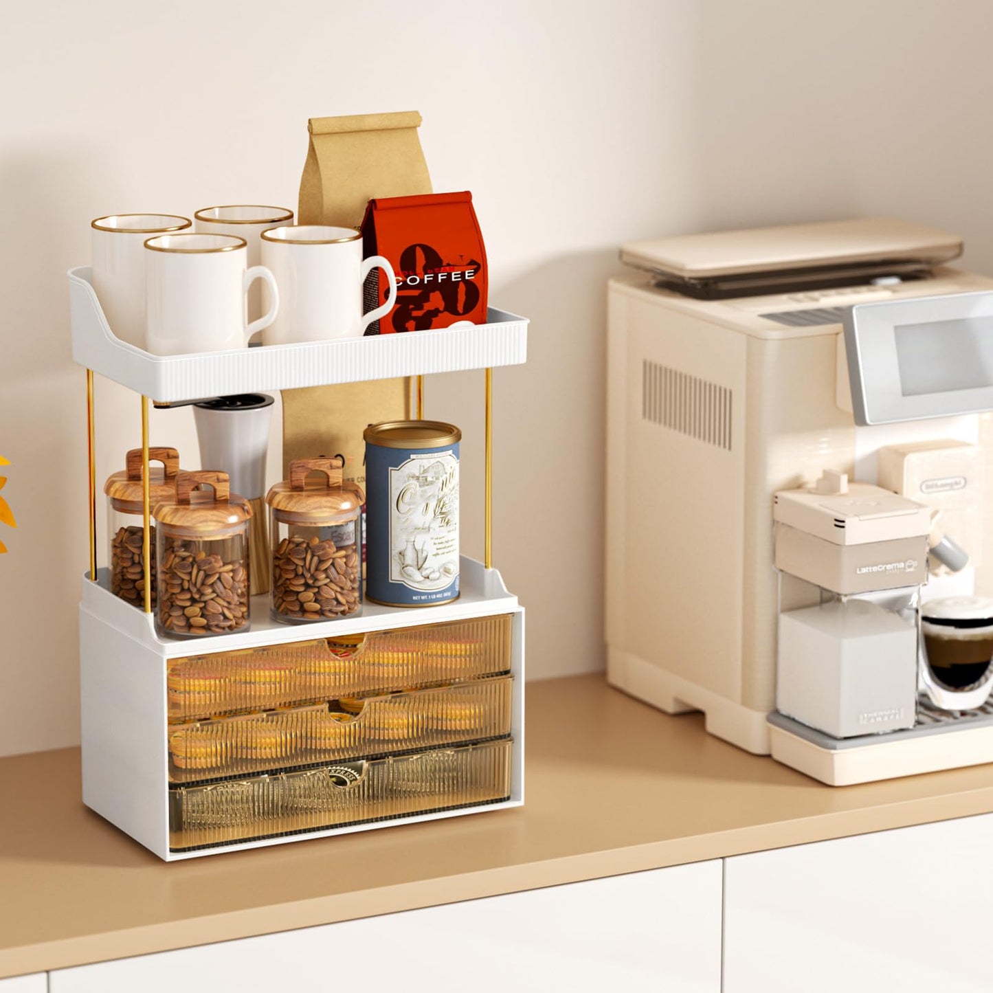 3 Drawers Makeup Organizer - 5 Tier Bathroom Organizers and Storage, Stackable Versatile Perfume Vanity Organizer, Ideal for Cosmetic, Large Skincare, Face Mask, Office Supplies, Amber