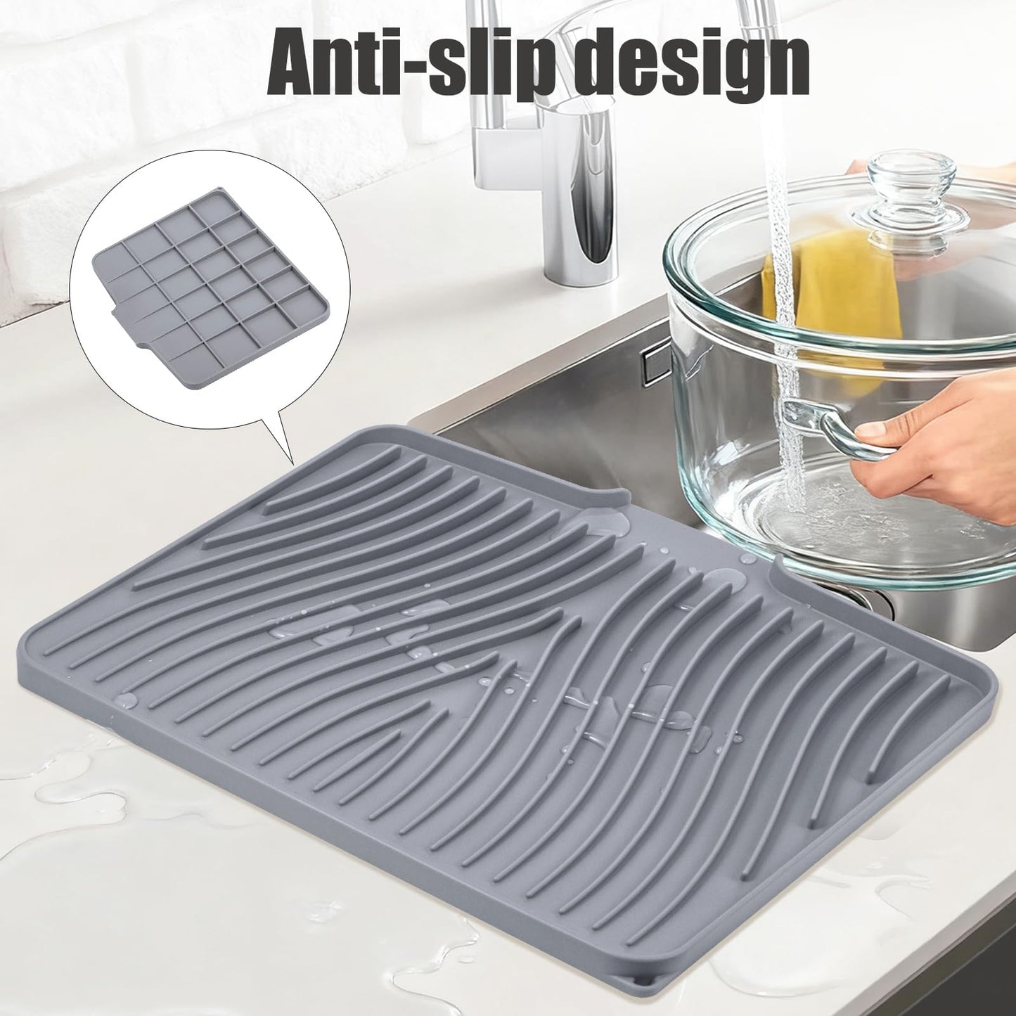TIKNIK Silicone Dish Drying Mat for Kitchen Counter, Dish Drying Pad, Non-Slip Drain Pad with Built-in Drain, Heat Resistant Stone Drying Mat (16" x 12" / 40 x 30cm, Grey)