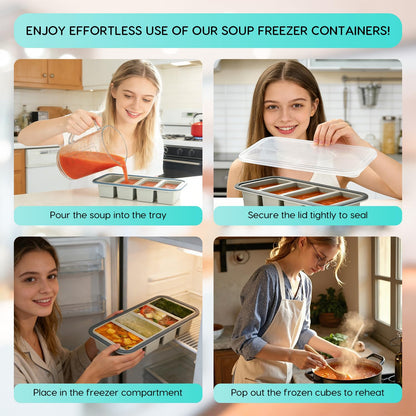 2 Pack Silicone Soup Freezer Containers with Lids, Soup Freezer Mold, Ice Trays for Freezer, Ice Cube Tray for Storing 250mL/125mL Broth, Soup, Leftovers, Sauce, Makes 8 1-Cup Portions Cubes