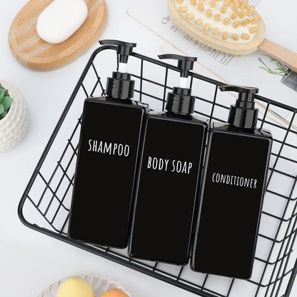 Segbeauty Square Soap Dispenser Black, 3pcs 500ml Refillable Shampoo and Conditioner Bottles, 16.9oz Empty Reusable Plastic Pump Bottle Bathroom Shower Dispenser Set for Body Wash Liquid Lotion