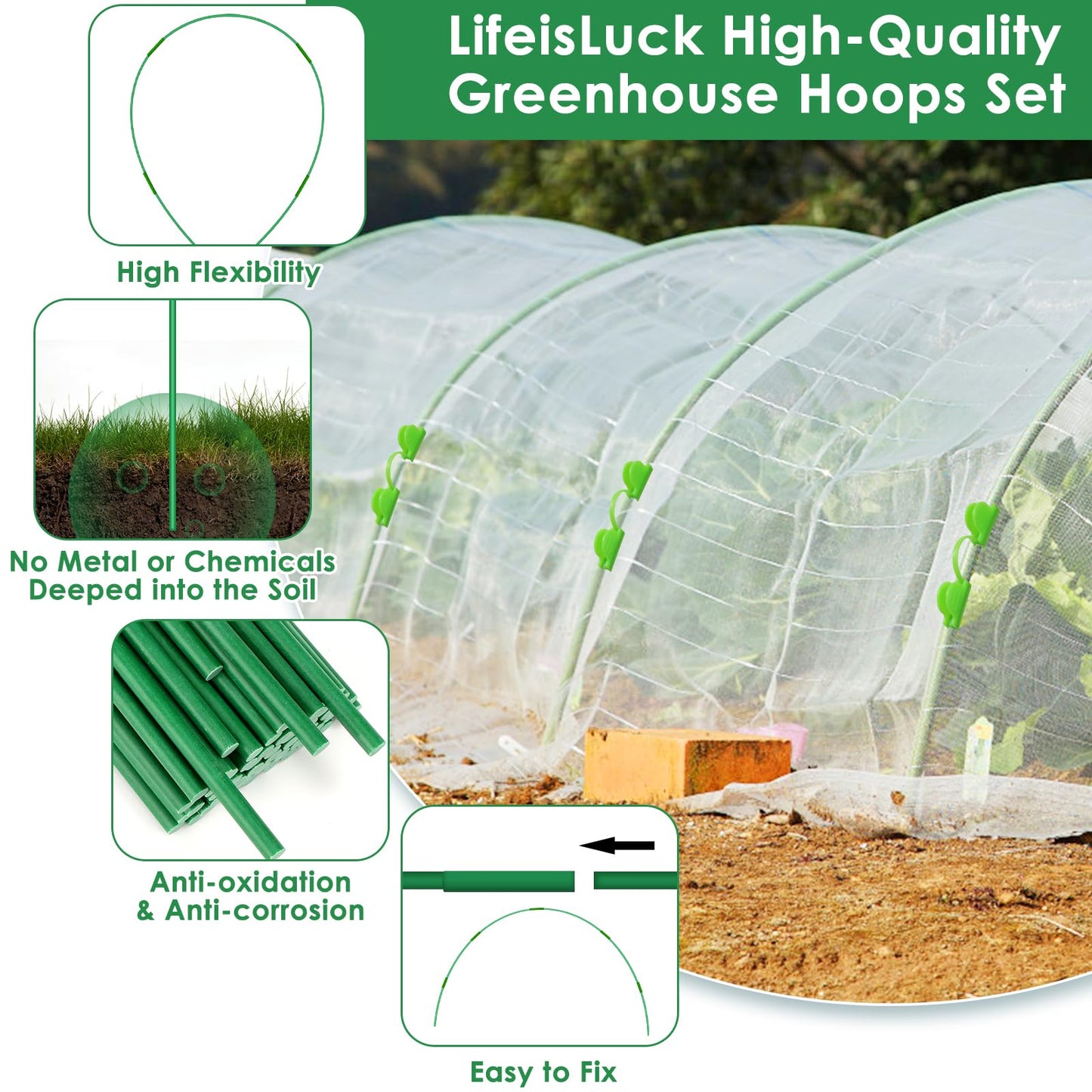 45 Pcs Greenhouse Hoops for Raised Beds, 9 Sets Garden Hoops Grow Tunnel Rust-Free Fiberglass Hoop House Kit, Plant Support Garden Stakes Hoops Frame for Netting Shade Cloth Row Cover Garden Supplies