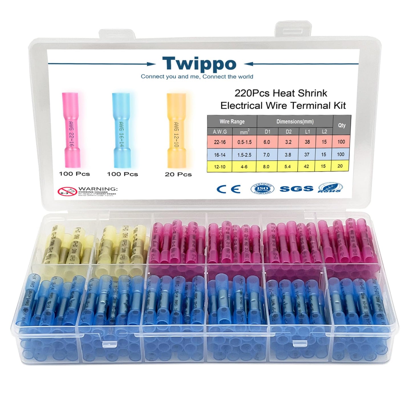 Twippo 220Pcs But Terminal Connectors Waterproof Heat Shrink Wire Connectors Automotive Electrical Connector Terminals Kit Crimp Connectors (22-10 Gauge)