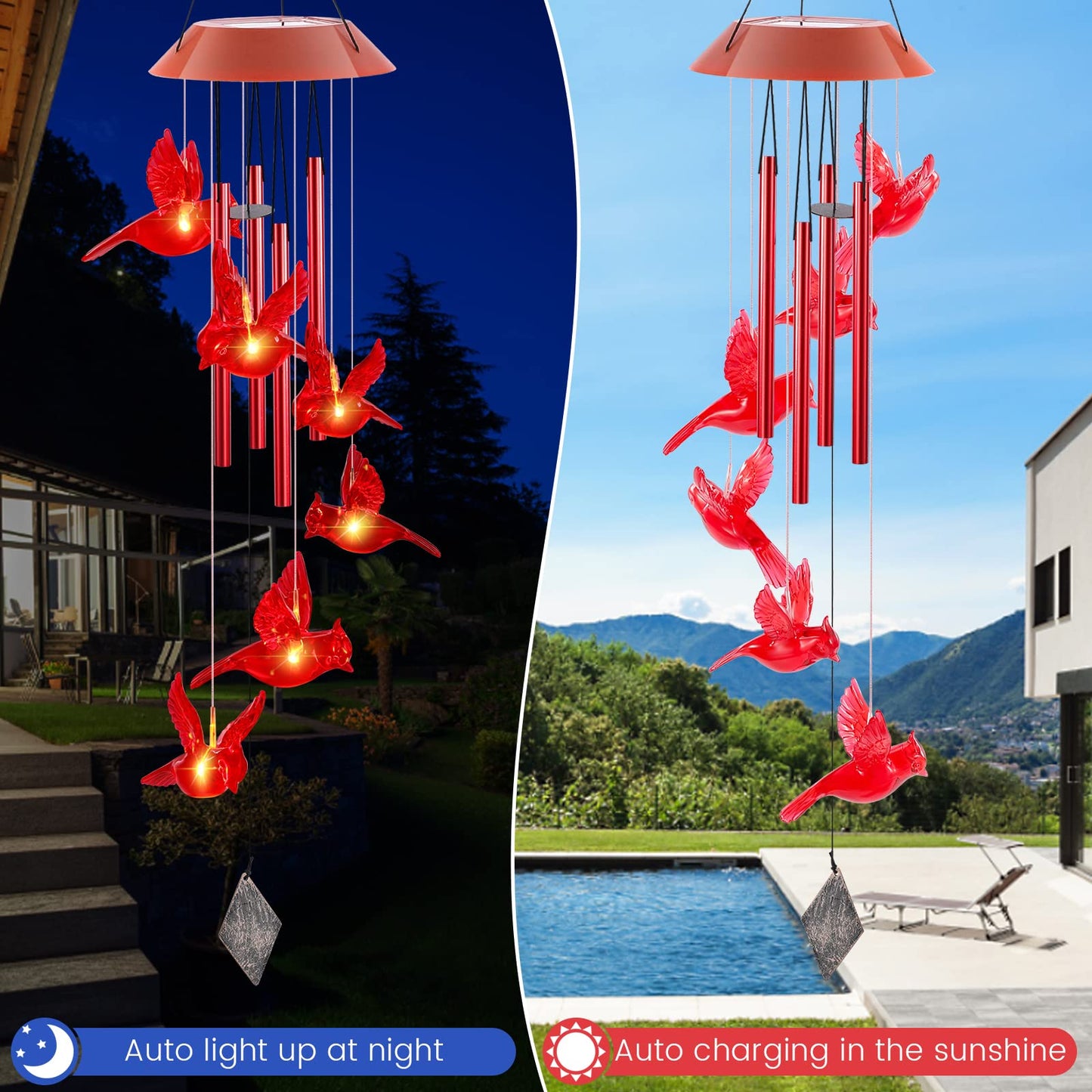 Cardinal Solar Wind Chimes,Red Bird Chimes for Outside Garden Decor, Garden Gifts Women Birthday/Thanksgiving/Christmas, for Mom Grandma