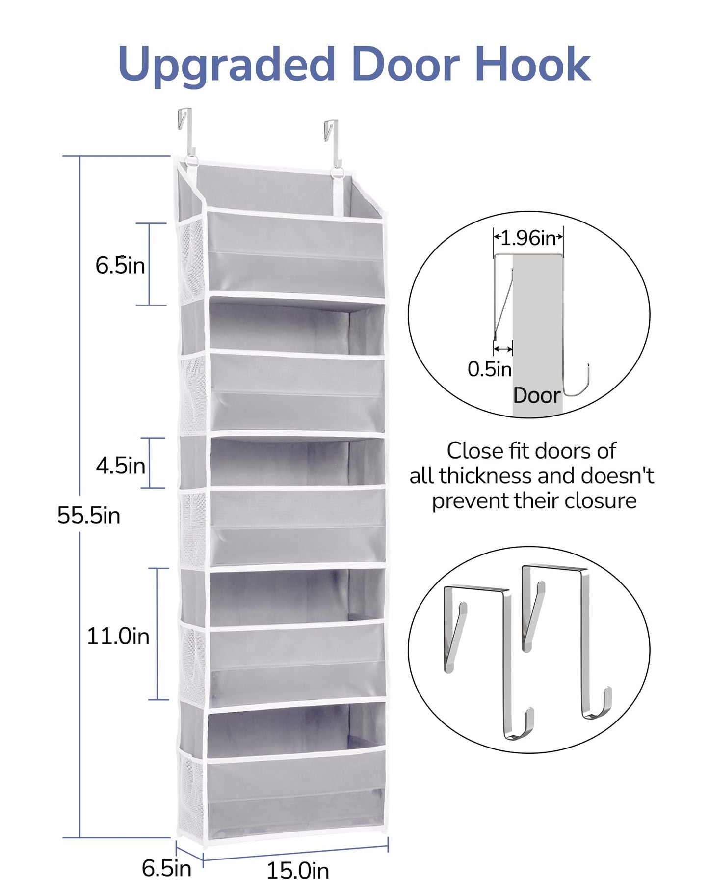 ULG 1-Pack Over Door Organizer with 5 Large Pockets 10 Mesh Side Pockets, 44 lbs Weight Capacity Hanging Storage Organizer with Clear Window for Bedroom Bathroom Kitchen, Toys, Shoes, Diapers