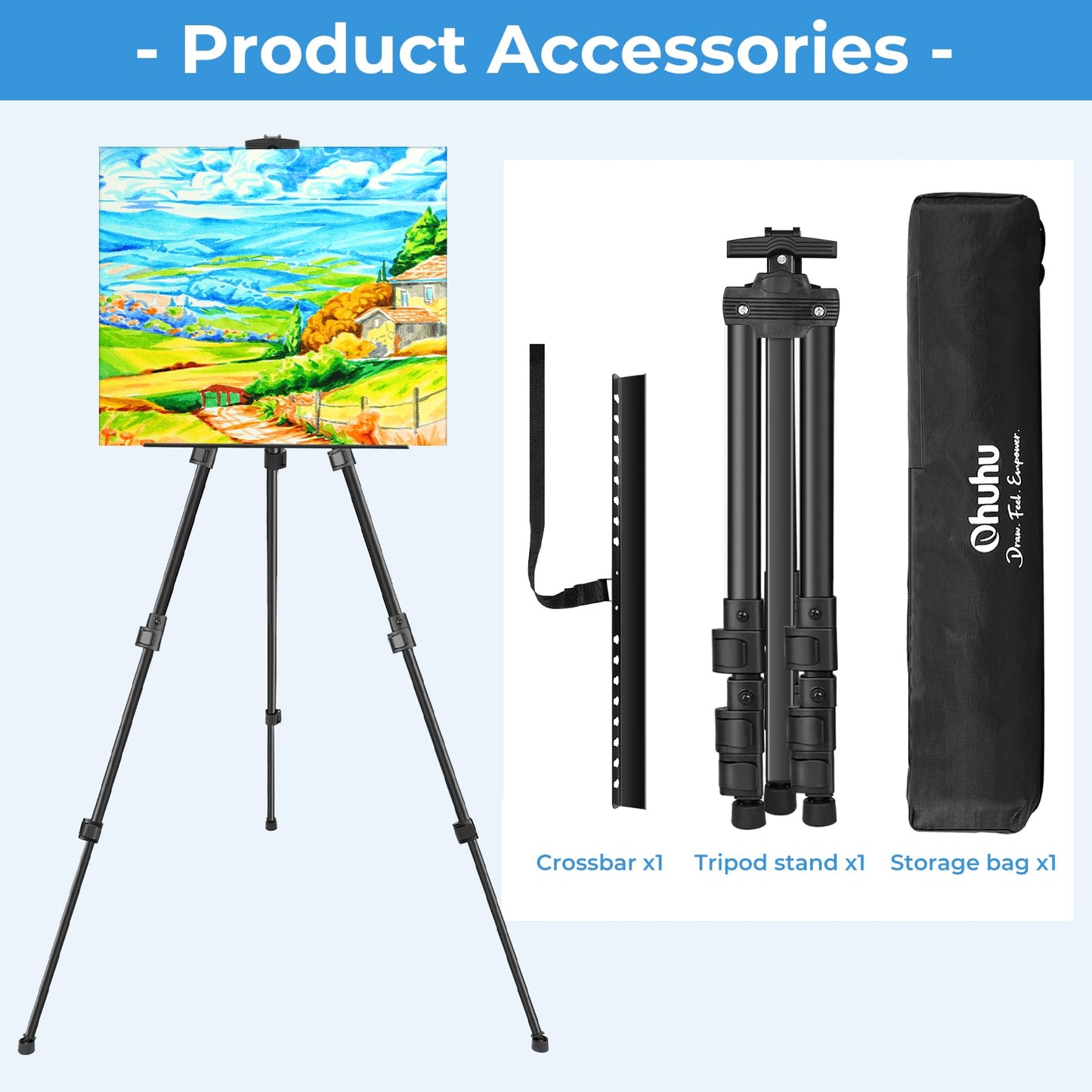 66" Artist Easel, Ohuhu Aluminum Field Easel Stand with Bag for Table-Top/Floor, Black Art Easels with Adjustable Height from 21" to 66" Back to School Art Supplies Great Gift for Student Children