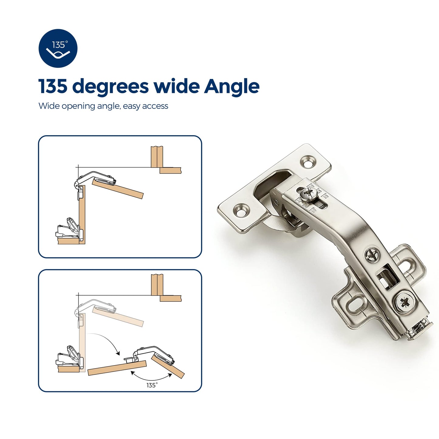 Ravinte 1 Pair 2 Pack Kitchen Cabinet Hinges, 135 Degree Kitchen Door Hinges Compatible with Lazy Susan Corner Cupboard，Full Overlay Face Frame Concealed Corner Cabinet Hardware