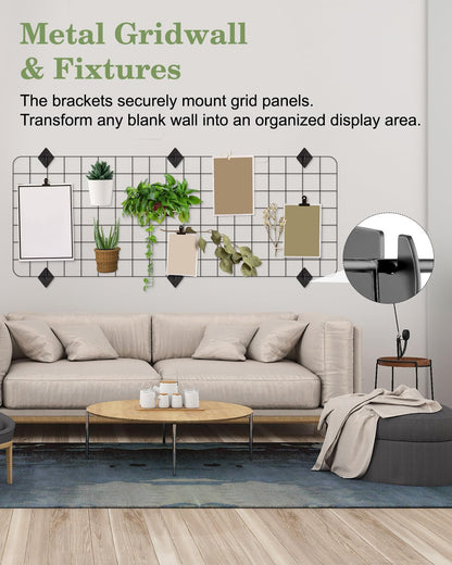 WENHUALI Gridwall Mount Brackets, 12 Pcs Grid Wall Accessory with Screws and 2 Pcs S Hooks for Wall Grid Panels, Perfect for Clothing Stores, Retail Displays, Home Wall Organization (Black)