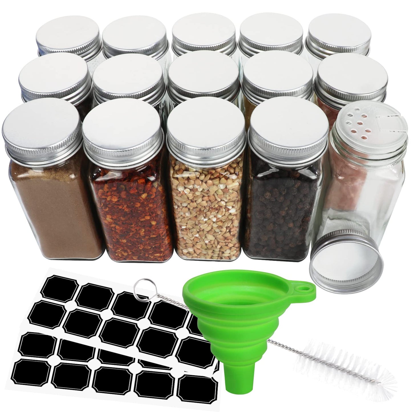 120ml 4oz Glass Spice Jars,15 Pack Square Seasoning bottles with Silver Caps and Shaker Lids,20pcs Labels,1 Funnel and 1 Brush for Kitchen Storage