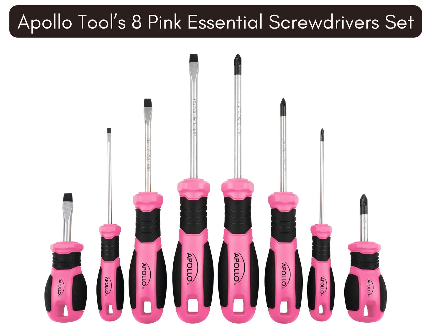 Apollo Tools Pink 8 Piece Essential Screwdriver Set Phillips and Slotted with Magnetic Tips and Non-Slip Comfort Handles. Includes Stubby Screwdrivers for Tight Spaces - Pink Ribbon - Pink - DT5018P