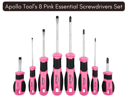 Apollo Tools Pink 8 Piece Essential Screwdriver Set Phillips and Slotted with Magnetic Tips and Non-Slip Comfort Handles. Includes Stubby Screwdrivers for Tight Spaces - Pink Ribbon - Pink - DT5018P