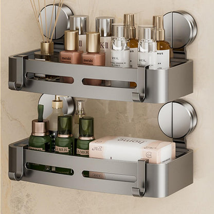 2-Pack Shower Caddy, Bathroom Shelf with Hooks, No Drilling Powerful Suction Cup Shower Organizer, Removable Rustproof Bathroom Storage Rack for Shower and Washroom Organization