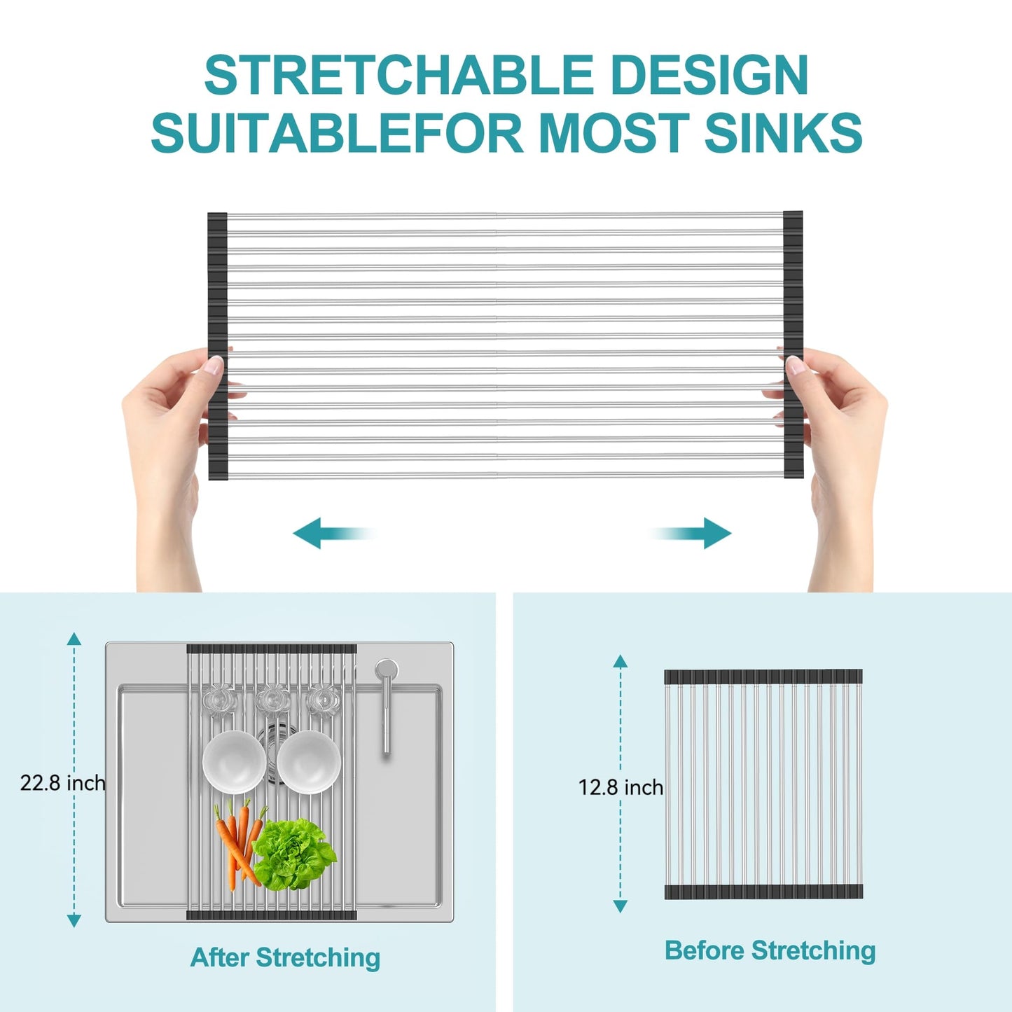 BBXTYLY Extra Large Expandable Roll Up Dish Drying Rack,Over The Sink Drying Rack Sink Cover Kitchen Sink Accessories Kitchen Rolling up Stainless Steel Drainer, Foldable,Rollable（Black，22.8''-12.4''）