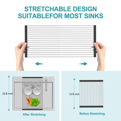 BBXTYLY Extra Large Expandable Roll Up Dish Drying Rack,Over The Sink Drying Rack Sink Cover Kitchen Sink Accessories Kitchen Rolling up Stainless Steel Drainer, Foldable,Rollable（Black，22.8''-12.4''）