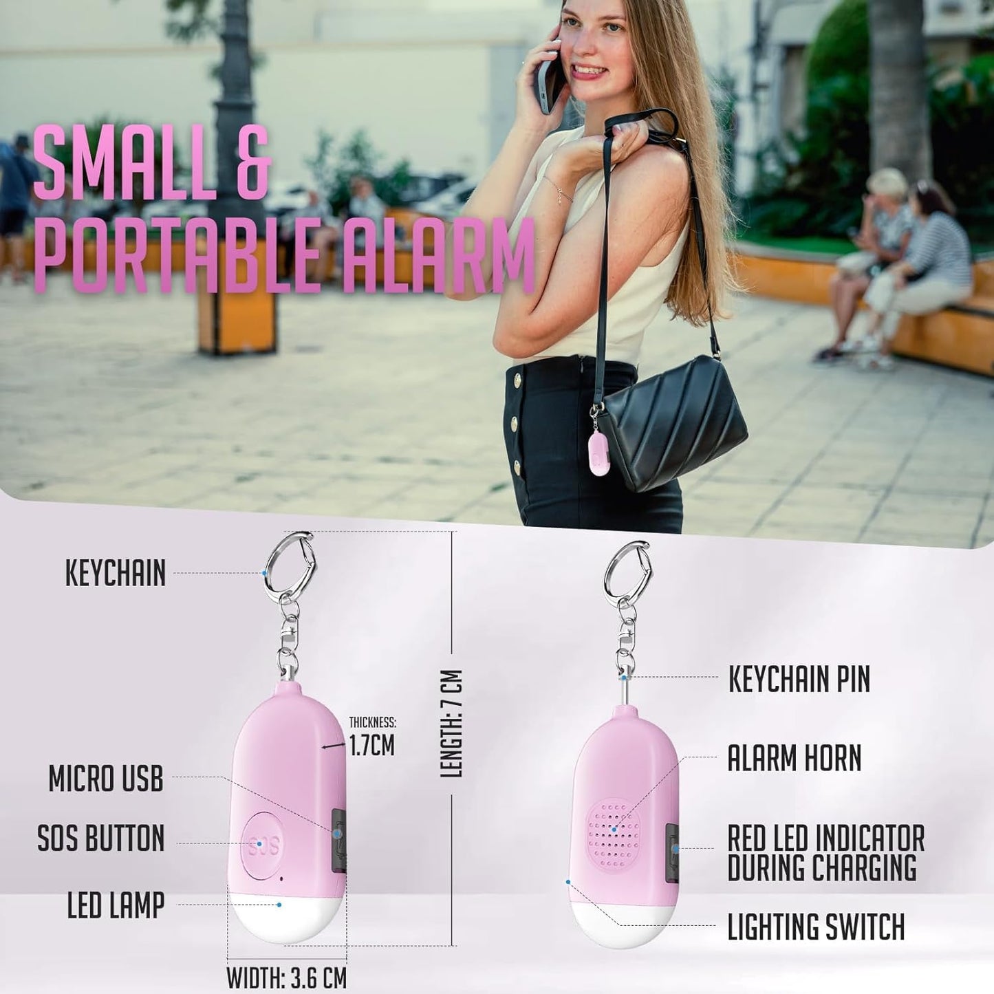 Safesound Personal Alarm Siren Song 3-Pack - 130dB Self Defense Alarm Keychian Rechargeable with Emergency LED Flashlight - Security Personal Protection Devices (3)