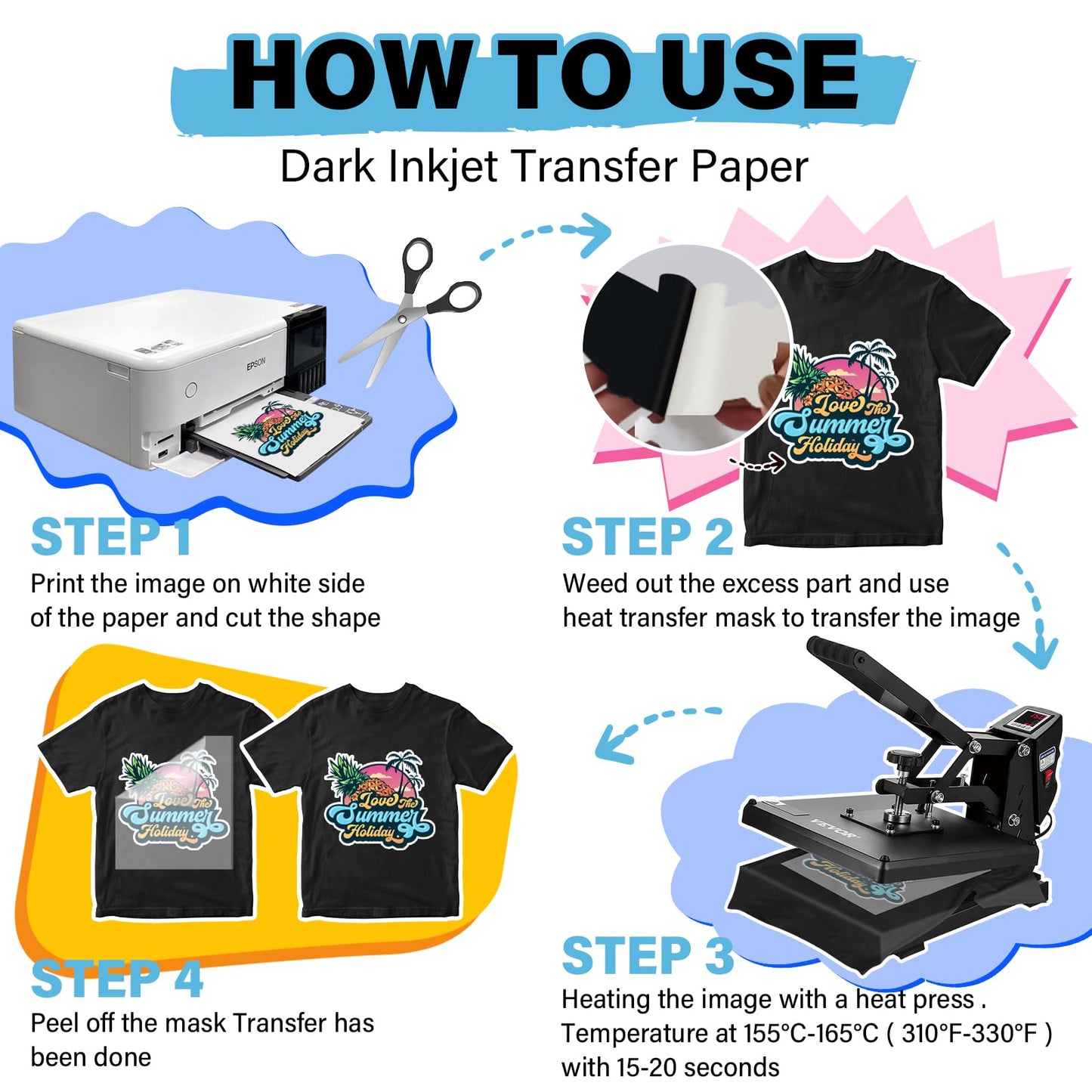TECKWRAP Printable Heat Transfer Paper for T-Shirts 15 Sheets, 8.3" X 11.7" Printable Heat Transfer Vinyl for Inkjet Printer, Iron on Transfer Paper for Light and Dark Fabric (Matte White)