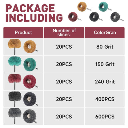 100 PCS Abrasive Buffing Wheels,1 inch Polishing Wheel Set for Proxxon Dremel Rotary Tool Accessory-1/8'' Shank
