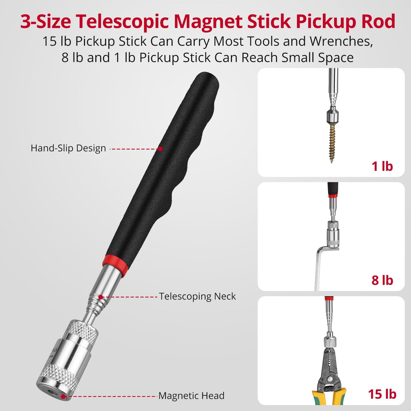 XUNTOP 6 PCS Magnetic Telescoping Pickup Grabber Tool Set Including 15 lb/1 lb/8 lb with LED Light/Round/Square Inspection Mirror/Telescoping Handle 360° Swivel for Extra Viewing Pickup Dead Angle