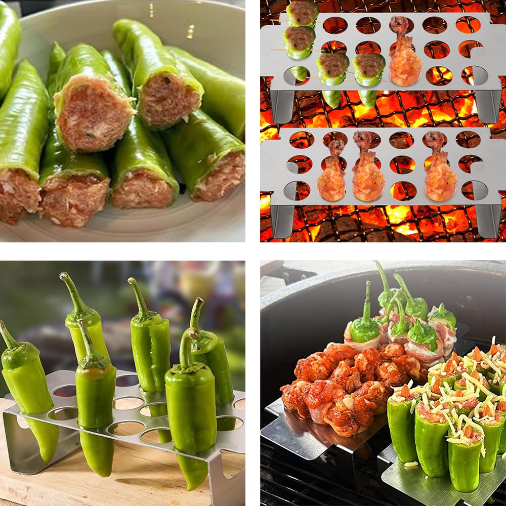 2 Pcs Stainless Steel Chili Grills with 2 Jalapeno Corer Tools, Outdoor BBQ Non-Stick Grills, Jalapeno Popper Holder for Grills, Perfect for Cooking Chili, Chicken Legs, 18 Funnel Holes Grill Tools