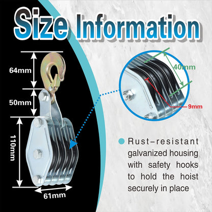 4000LB 65 Feet Rope Hoist Pulley Heavy Duty 2 Ton Wheel Block and Tackle System 7:1 Ratio Lifting Power