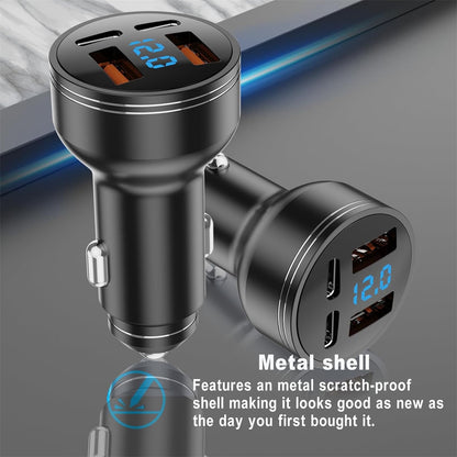 126W USB C Car Charger, 4-Port 2 USB PD 3.0 + 2 USB QC 3.0 Car Charger, Metal USB Cigarette Lighter USB C Adapter with LED Voltmeter DC12-24V for Android, Tablet and All Smartphones(Black)