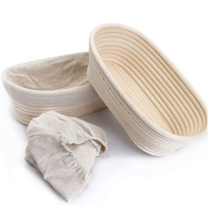 2 pack of 10 inch Sourdough Bread Bakery Basket,Oval Bread Banneton Proofing Basket with Linen Liner Cloth, Brotform Dough Rising Rattan Handmade Rattan Bowl for Professional & Home Bakers