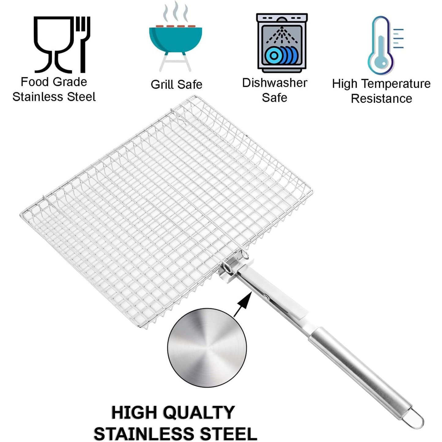 RTT Grill Basket Extra Large, Grill Accessories for Outdoor Grill, Fish & Veggie Grill Basket, Stainless Steel, Rectangular, Silver