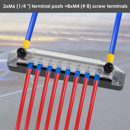 150A 12V Bus Bar with Cover Power Distribution Block 2 x M6(1/4 inch) and 8 x M4(#8) Battery Busbar for Automotive Car Boat