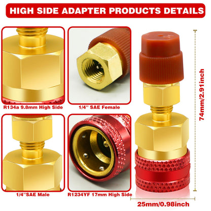 2Pcs R1234yf to R134a Adapter, Quick Couplers Kit R1234yf Refrigerant Recharge Kit, High/Low Side R134a to R1234yf Adapters for R1234yf/R134a Car Ac Refrigerant System Evacuation Recharging, Red, Blue