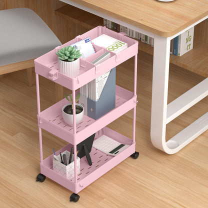 SPACELEAD Slim Storage Cart,3 Tier Bathroom Rolling Organizer Slide Out Mobile Shelving Unit Trolley for Office Kitchen Laundry Room Narrow Places, Pink