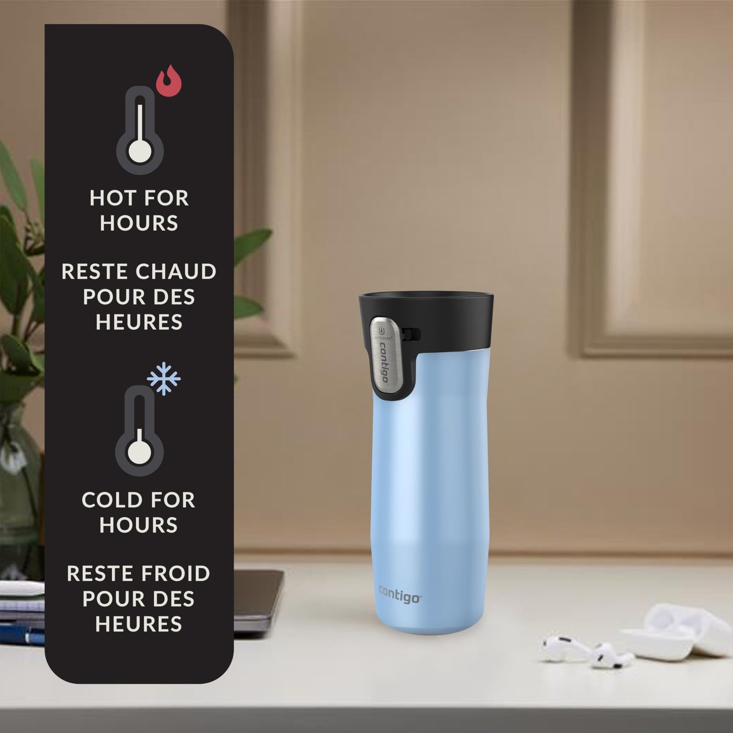 Contigo West Loop 3.0 Stainless Steel Travel Mug with Tea-Bag Hook & Spill-Proof Lid, Vacuum-Insulated Reusable Cup Coffee and Tea, 16 oz (473 mL), Glacier - Keeps Drinks Hot up to 11 Hours