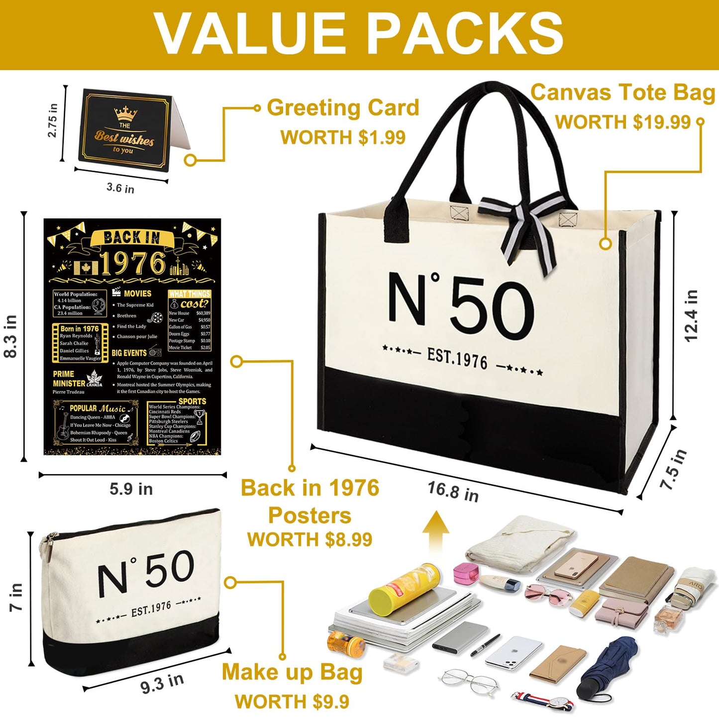 50th Birthday Gifts for Girls Canvas Tote Bag, Unique 50 Years Old Gifts for Mom Wife Aunt Friends Sister Her, EST.1976 Birthday Handbag & Cosmetic Bag & Back in 1976 Poster