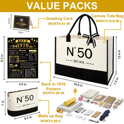 50th Birthday Gifts for Girls Canvas Tote Bag, Unique 50 Years Old Gifts for Mom Wife Aunt Friends Sister Her, EST.1976 Birthday Handbag & Cosmetic Bag & Back in 1976 Poster