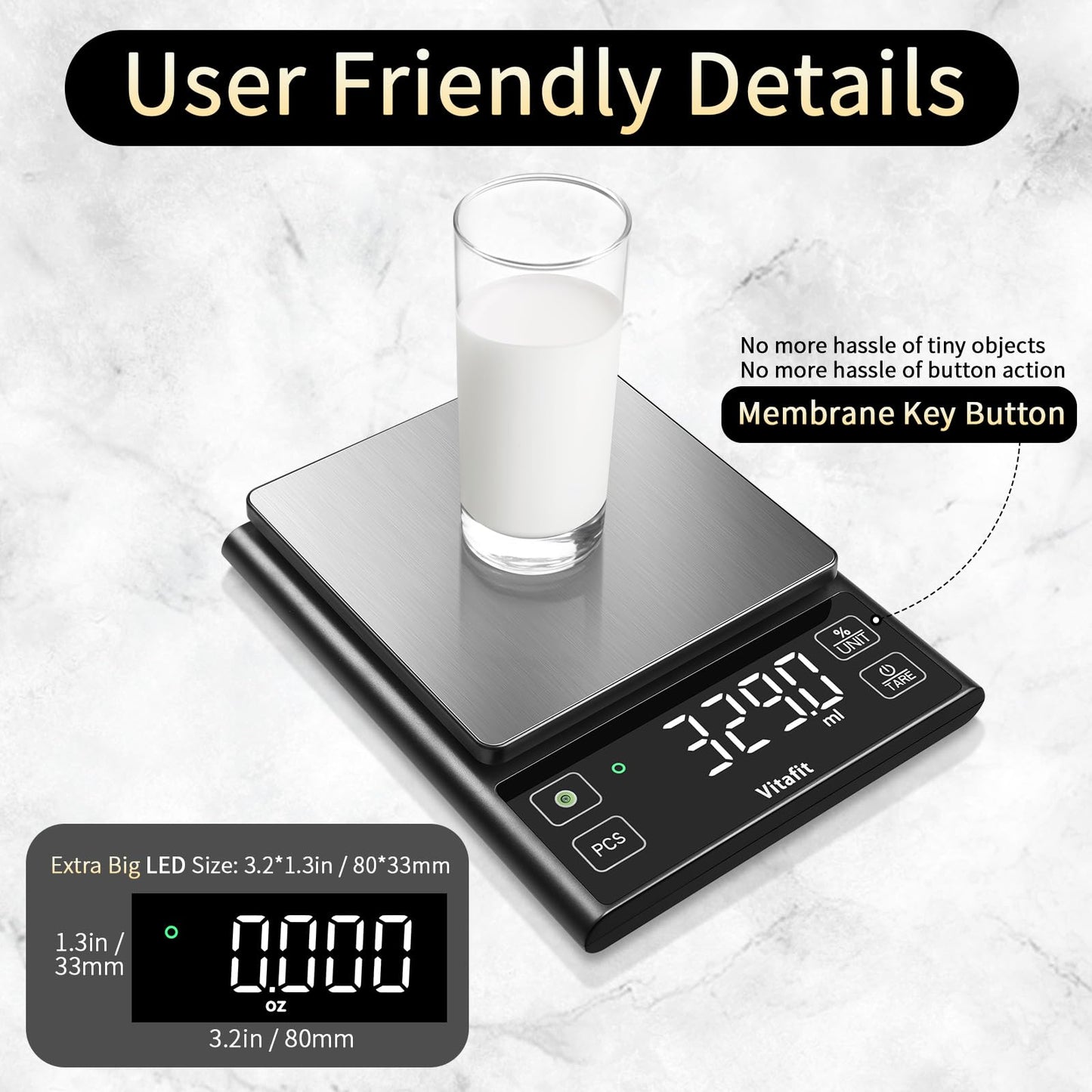 Vitafit 11lb Food Scale, High Accuracy 0.0001lb by Our Professional Factory Since 2001, Digital Kitchen Scale with% Percentage Function Cooking,Baking&Coffee, Stainless Steel, Big LED, Black