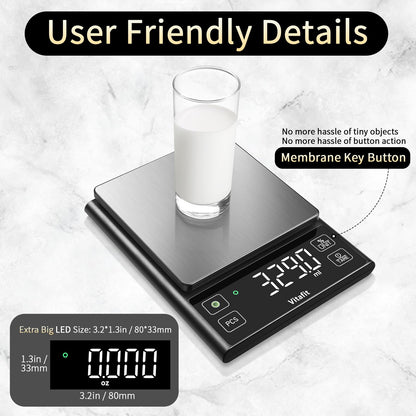 Vitafit 11lb Food Scale, High Accuracy 0.0001lb by Our Professional Factory Since 2001, Digital Kitchen Scale with% Percentage Function Cooking,Baking&Coffee, Stainless Steel, Big LED, Black