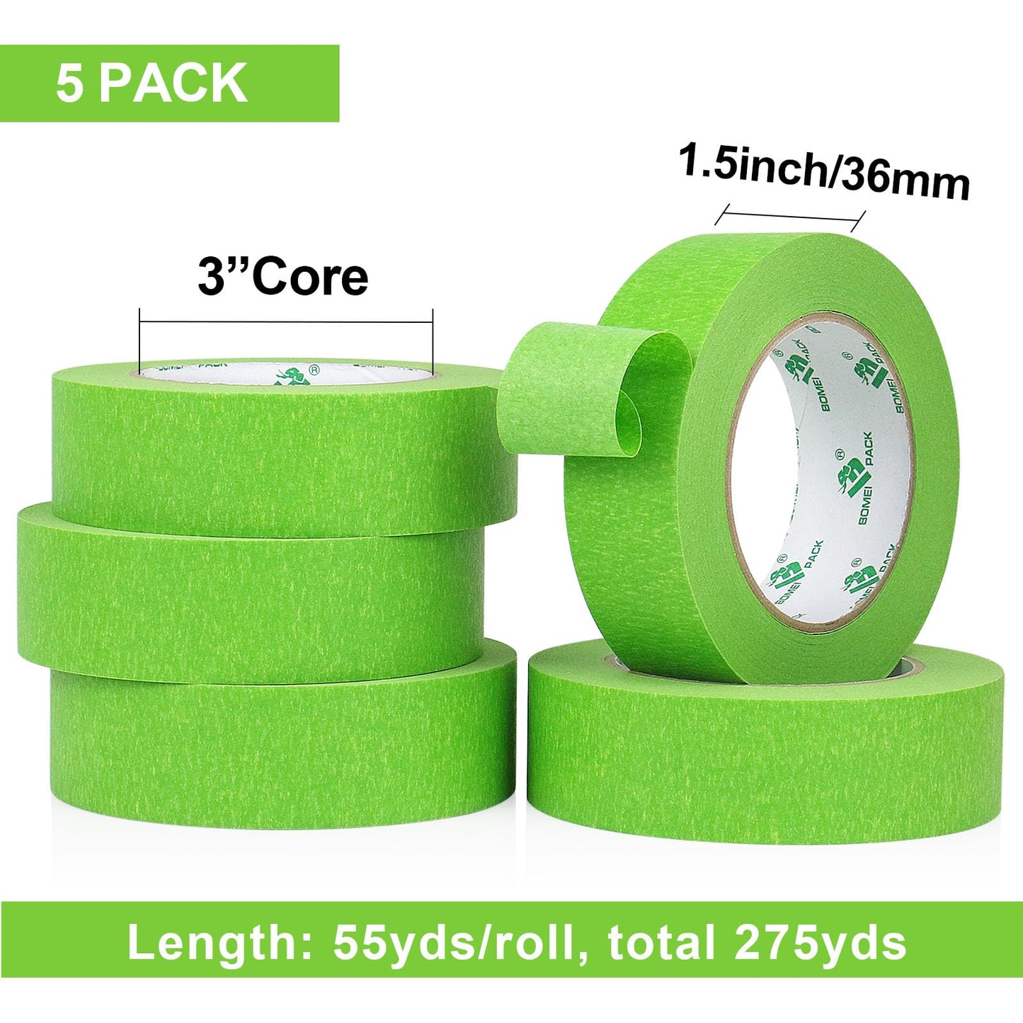 BOMEI PACK 5Rolls Green Masking Tape 36mm x 55yds, General Purpose Thin Green Painters Tape for Painting, Labeling, DIY Crafting, Decoration and School Projects, Total 275yds