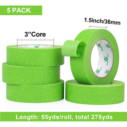 BOMEI PACK 5Rolls Green Masking Tape 36mm x 55yds, General Purpose Thin Green Painters Tape for Painting, Labeling, DIY Crafting, Decoration and School Projects, Total 275yds