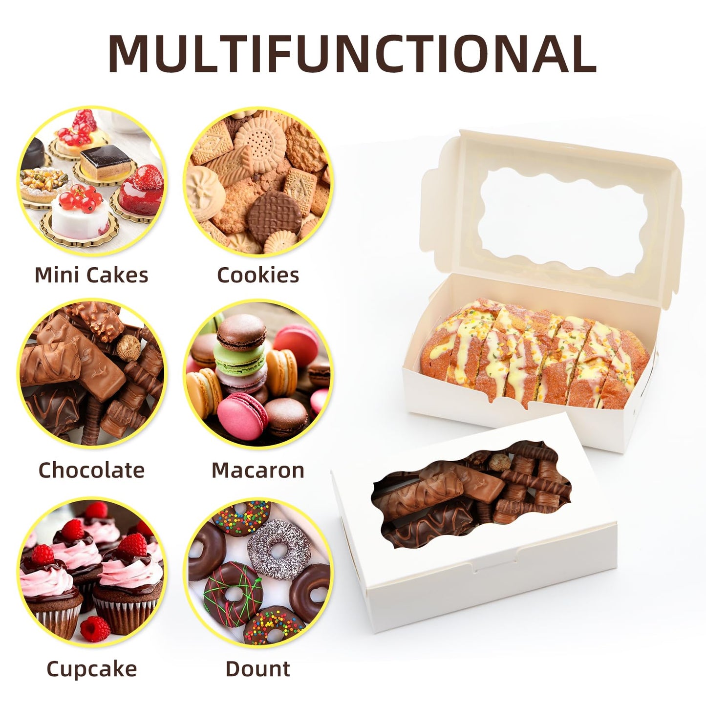 50 Pcs White Bakery Boxes with Window, 7x4.5x2 inches Cookie Boxes with Stickers Macaroon Boxes Small Treat Boxes Mini Cake Boxes for Dessert, Pastry, Sturdy Take Out Container for Party Wedding Favor