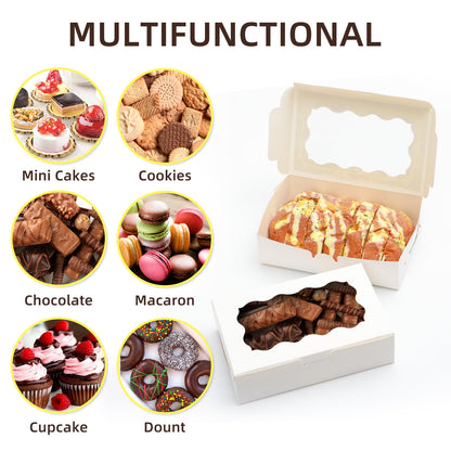 50 Pcs White Bakery Boxes with Window, 7x4.5x2 inches Cookie Boxes with Stickers Macaroon Boxes Small Treat Boxes Mini Cake Boxes for Dessert, Pastry, Sturdy Take Out Container for Party Wedding Favor