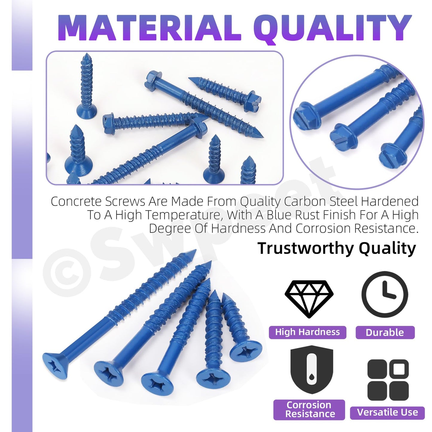 Swpeet 52Pcs 1/4" x 3-1/4" Flat Head Concrete Screw Anchors with Screwdriver Bit and Drill Bit Assortment Kit, Concrete Screws Self Tapping Cement Screws for Anchoring to Masonry Block Brick Stucco