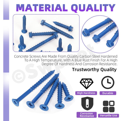 Swpeet 52Pcs 1/4" x 3-1/4" Flat Head Concrete Screw Anchors with Screwdriver Bit and Drill Bit Assortment Kit, Concrete Screws Self Tapping Cement Screws for Anchoring to Masonry Block Brick Stucco