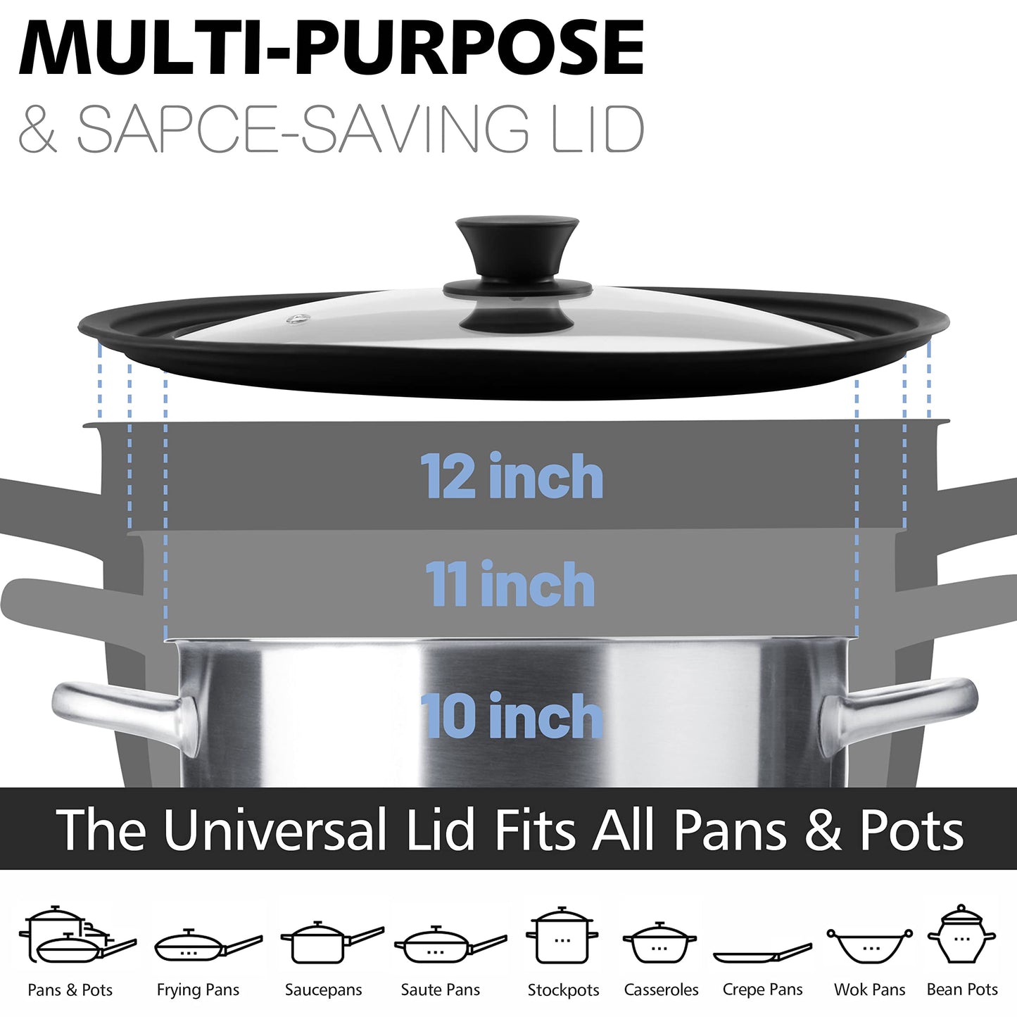 Anaeat Silicone Universal Lid for Pots, Pans and Skillets - Tempered Glass with Heat Resistant Silicone Rim Fits 10", 11" and 12" Diameter Cookware -Easy to Use Replacement Frying Pan Cover