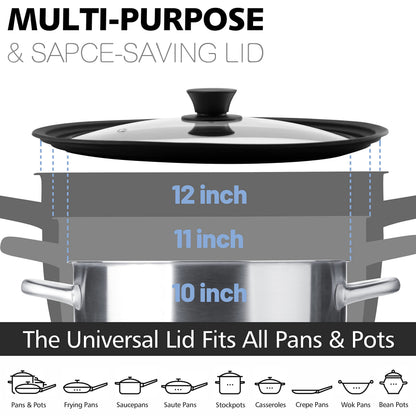 Anaeat Silicone Universal Lid for Pots, Pans and Skillets - Tempered Glass with Heat Resistant Silicone Rim Fits 10", 11" and 12" Diameter Cookware -Easy to Use Replacement Frying Pan Cover