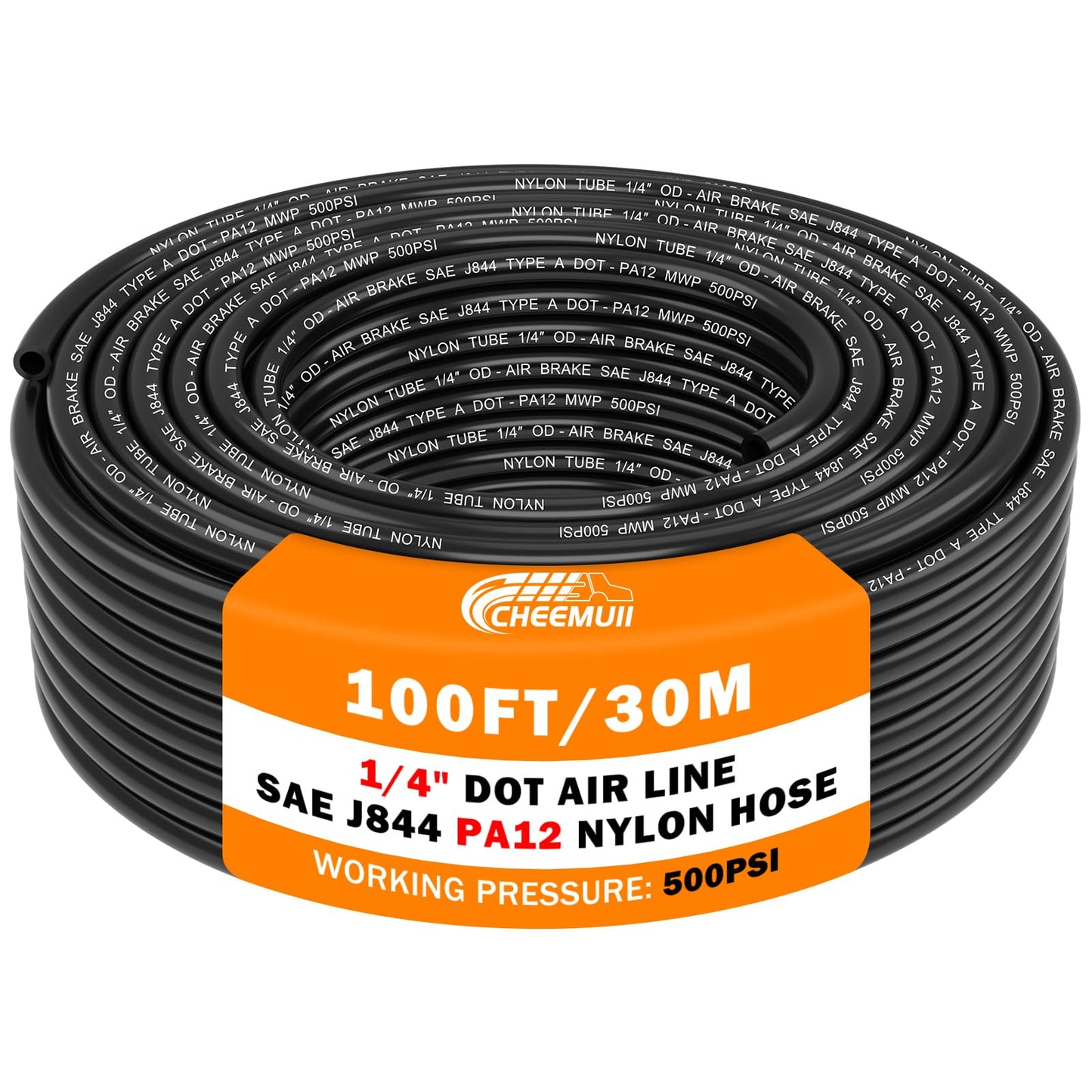 CheeMuii 100 FT 1/4 DOT Air Line 1/4" PA12 Nylon Pneumatic Tubing 30.5 Meter 1/4 Inch OD Pneumatic Air Tubing Pipe Hose Line for Semi Truck Trailer or Industrial Air System